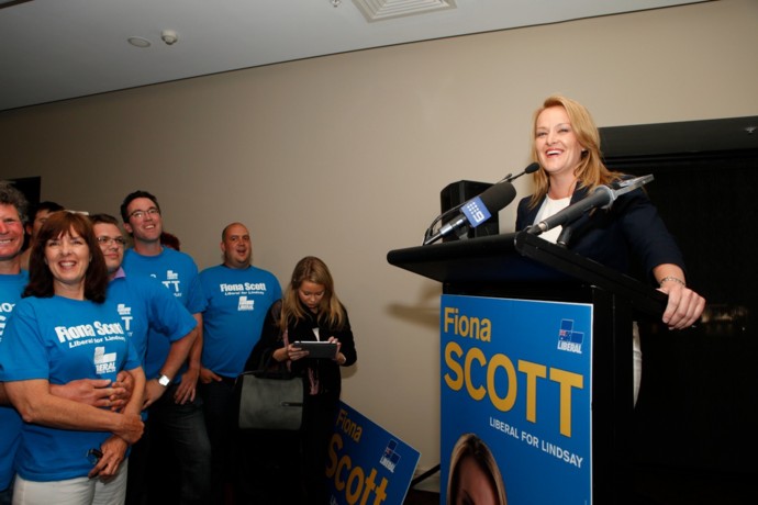 Fiona Scott celebrates winning the 2013 election