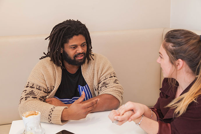 Jamal Idris speaking with Weekender journalist Dale Drinkwater. Photo: Megan Dunn