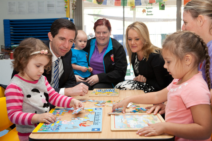 Minister for Education Senator Simon Birmingham and Member for Lindsay Fiona Scott at Spunky Monkeys Early Learning Centre in Penrith. Photo: Melinda Jane.