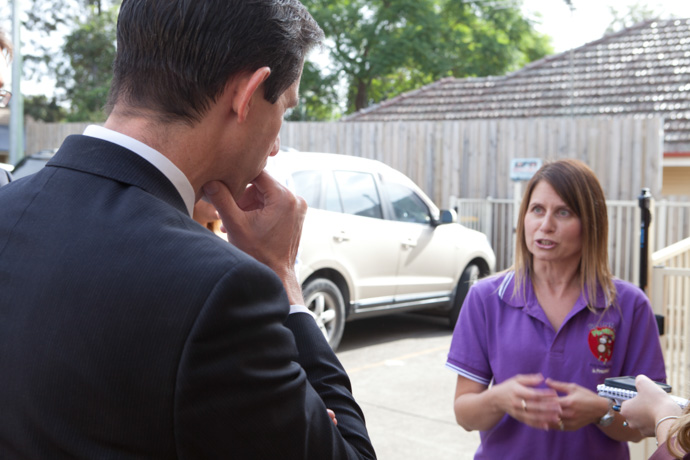 Minister for Education Senator Simon Birmingham speaking with Kareena Gale, owner of Spunky Monkeys Early Learning Centre in Penrith. Photo: Melinda Jane.