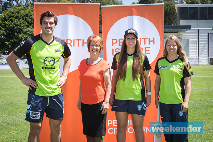 Pat Cummins, Penrith Mayor Karen McKeown, Mikayla Hinkley and Naomi Stalenberg at Howell Oval on Monday. Photo: Megan Dunn