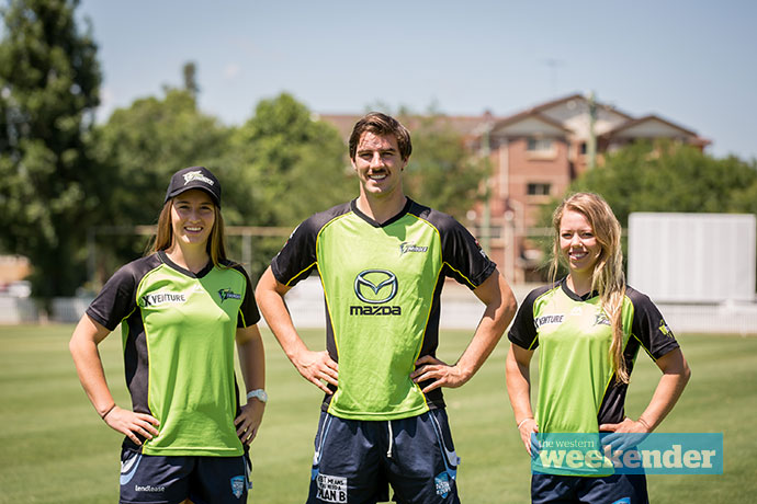 Mikayla Hinkley, Pat Cummins and Naomi Stalenberg at Howell Oval on Monday.