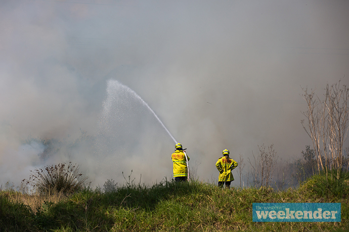 Fire crews work on last Friday's fire at Colyton. Photo: Megan Dunn