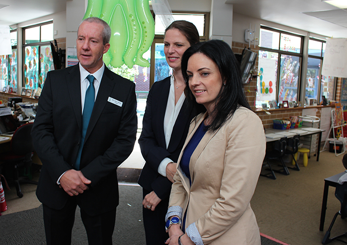 Principal Paul Devlin, Shadow Minister for Education Kate Ellis and Labor candidate for Lindsay Emma Husar at Corpus Christi Catholic School