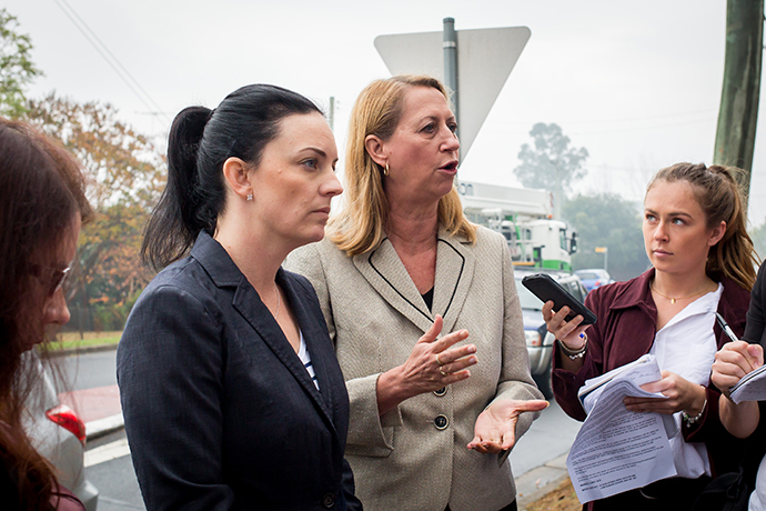 Emma Husar and Sharon Bird speak to the media on Monday. Photo: Megan Dunn