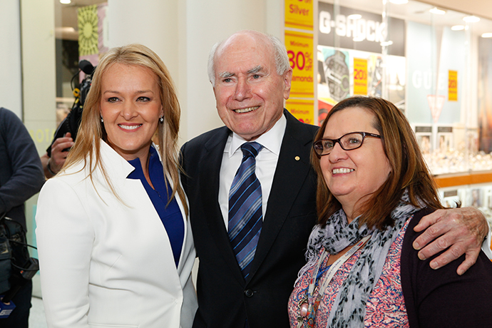 Fiona Scott, John Howard and a local shopper at Westfield Penrith. Photo: Melinda Jane