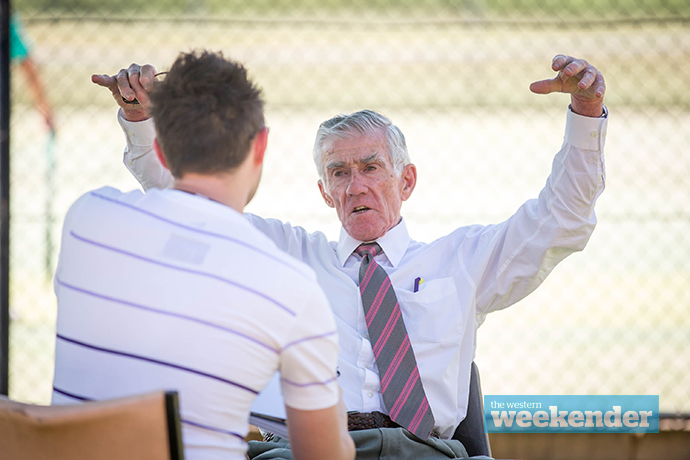 Ken Rosewall chats with Weekender journalist Nathan Taylor. Photo: Megan Dunn