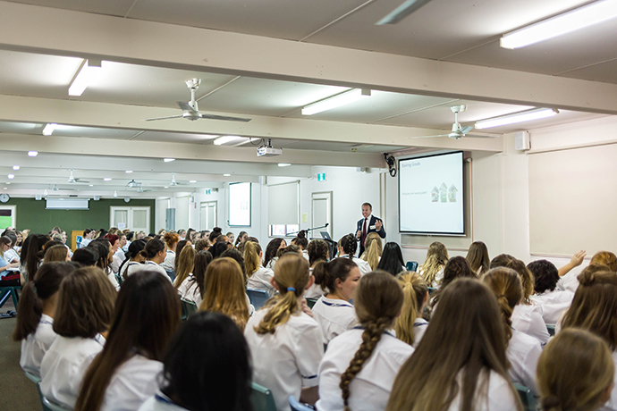 Mark Stevenson presenting to students at Caroline Chisholm College. Photo: Megan Dunn