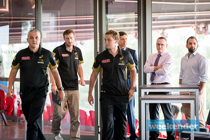 Anthony Griffin and Matt Moylan arrive at Wednesday's press conference. Photo: Megan Dunn