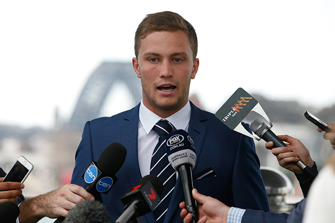 Matt Moylan fronts the media after being selected for the Blues.