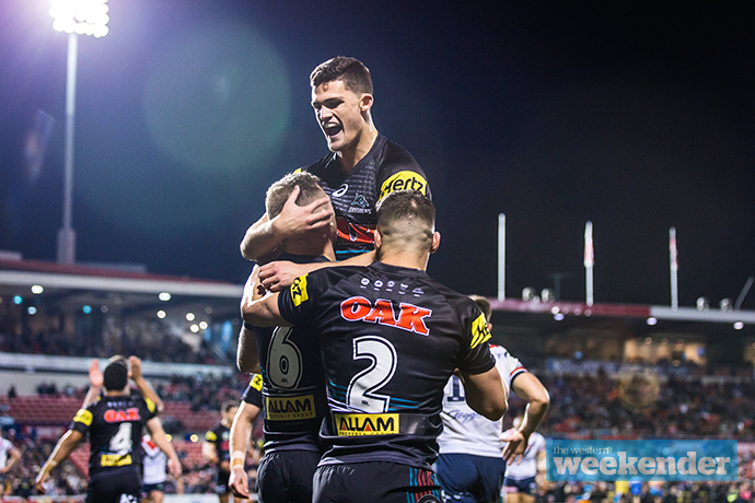 Nathan Cleary celebrates a try with his teammates. Photo: Megan Dunn