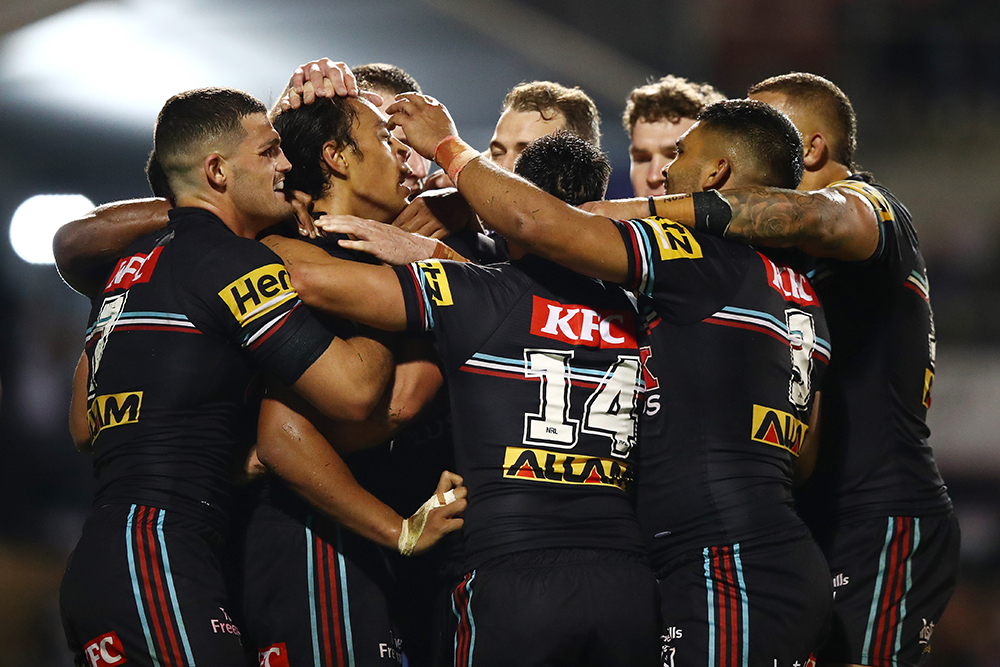 Brisbane, Australia. May 18, 2023. Selwyn Cobbo of the Broncos scores a try  during the NRL Round 12 match between the Brisbane Broncos and the Penrith  Panthers at Suncorp Stadium in Brisbane