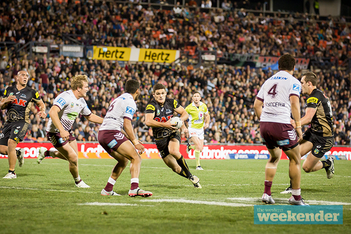 Nathan Cleary takes the line on against Manly. Photo: Megan Dunn