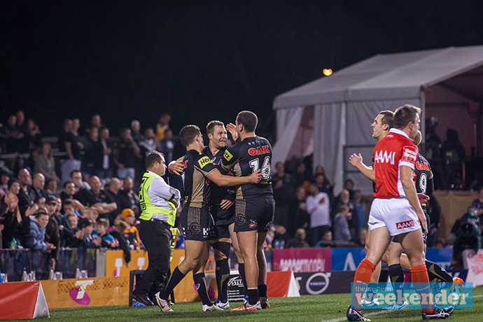 The Panthers celebrate a try. Photo: Megan Dunn