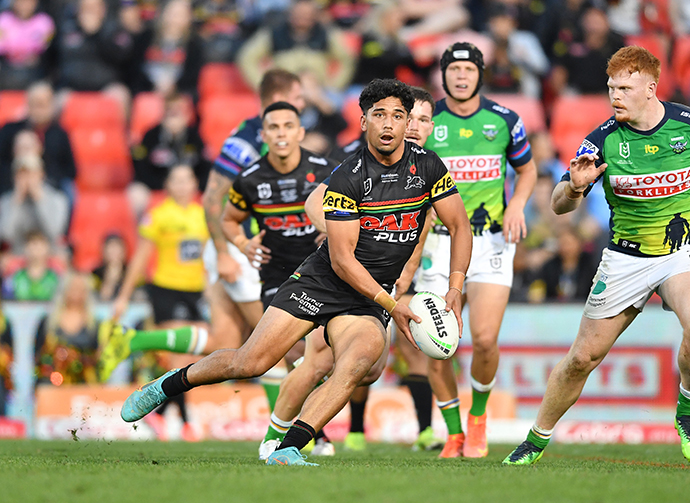 Townsville, Australia. 16th June, 2023. Izack Tago of the Panthers scores  another try during the NRL Round 16 match between the North Queensland  Cowboys and Penrith Panthers at Queensland Country Bank Stadium