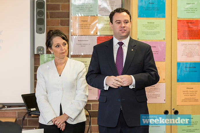 Stuart Ayres and Pru Goward speak with students. Photo: Megan Dunn