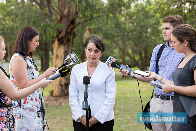 Pru Goward speaks with the media after chatting with students. Photo: Megan Dunn