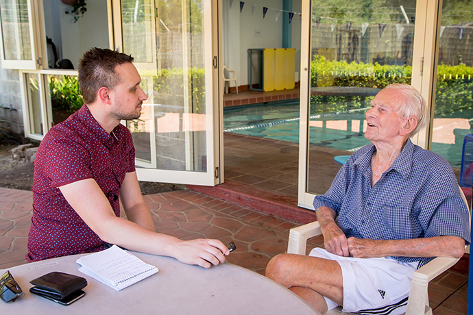 Journalist Nathan Taylor chats with Ross Taylor. Photo: Megan Dunn
