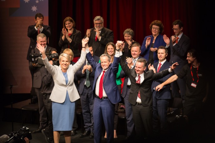 Bill Shorten with Tanya Plibersek and Chris Bowen. Photo: Megan Dunn