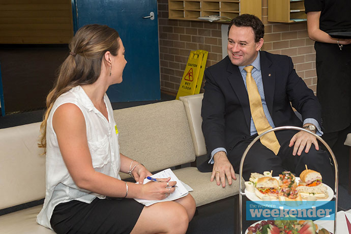 Penrith MP Stuart Ayres chats with Weekender journalist Dale Drinkwater. Photo: Megan Dunn