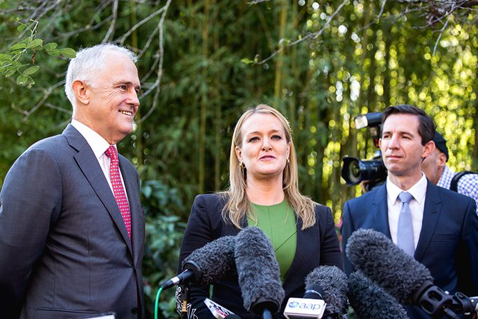 Malcolm Turnbull and Fiona Scott front a press conference today. Photo: Megan Dunn