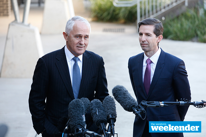 Malcolm Turnbull with Education Minister Simon Birmingham. Photo: Melinda Jane