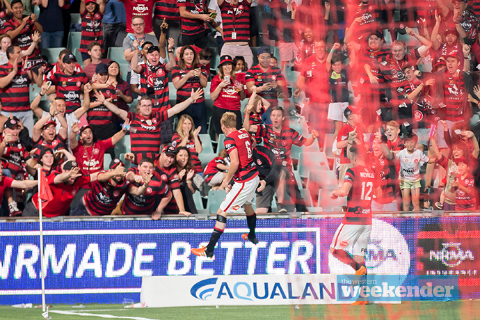Jumping for joy: The Wanderers will play Arsenal in 2017. Photo: Megan Dunn