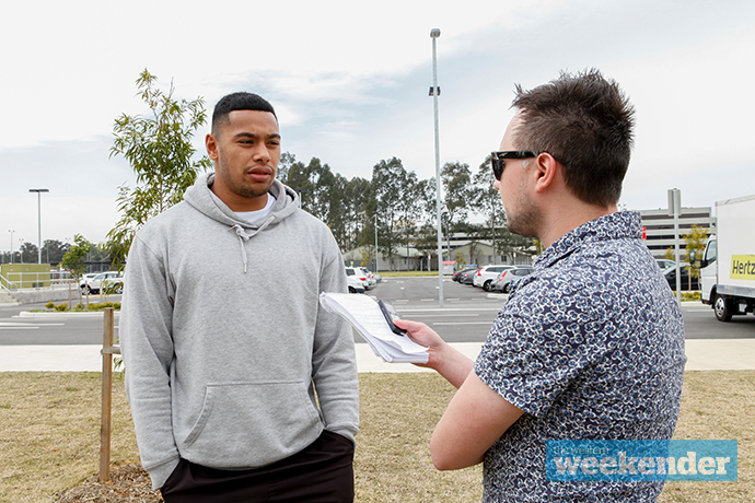 Waqa Blake chatting with the Weekender's Nathan Taylor